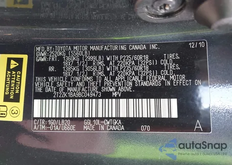 2011 Lexus Rx from USA, damaged, VIN 2T2ZK1BA9BC049473